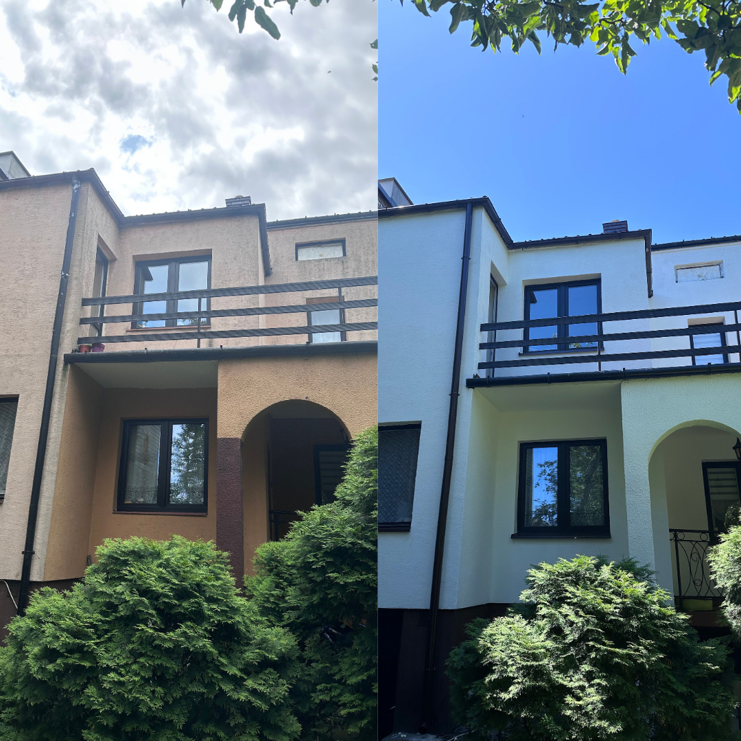 Zdjęcie elewacji domu przed i po malowaniu, z widoczną różnicą w kolorze i czystości fasady. Po prawej stronie budynek po odświeżeniu, z intensywnym błękitem nieba.
