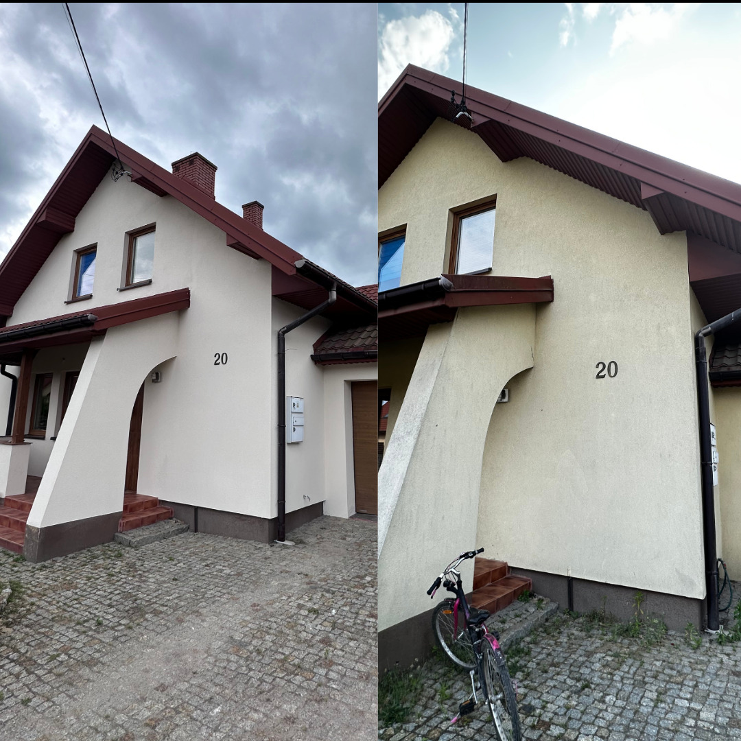 Zdjęcie domu z numerem 20, prezentujące elewację przed i po malowaniu. Po prawej stronie rowerek oparty o ścianę. Widoczna różnica w kolorze i czystości.