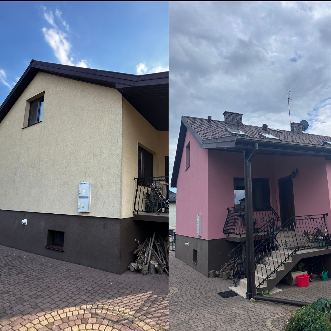 Zdjęcie elewacji domu przed (beżowa) i po malowaniu (różowa), widok z boku, dwukondygnacyjny budynek z balkonem, brązowy cokół i dachówka.