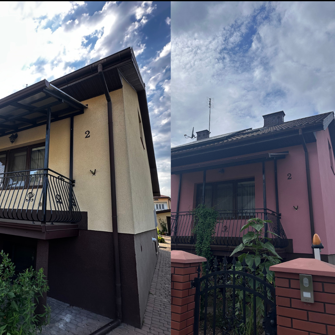 Porównanie elewacji domu przed i po malowaniu: odcień beżowy z brązem do różowego. Widoczne zmiany w kolorystyce i estetyce budynku.