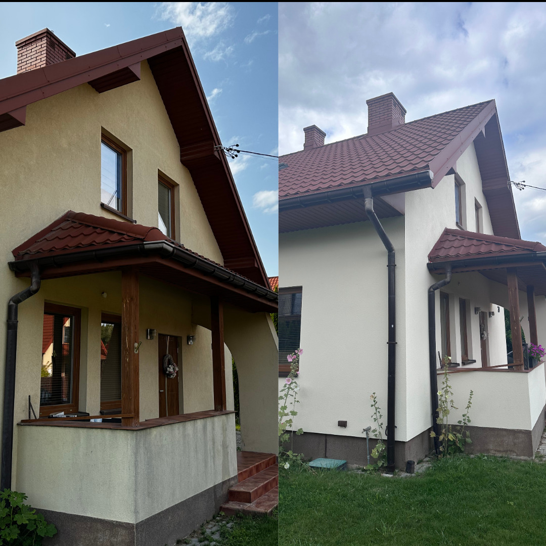 Dom jednorodzinny przed i po malowaniu elewacji. Kremowa elewacja 'przed' kontrastuje z czystą, białą elewacją 'po'. Widoczne brązowe elementy wykończeniowe.