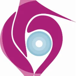 Abstrakcyjne logo przedstawiające stylizowaną sylwetkę człowieka w odcieniach różu i fioletu, z okrągłym elementem w kolorze błękitnym w centrum, na białym tle.