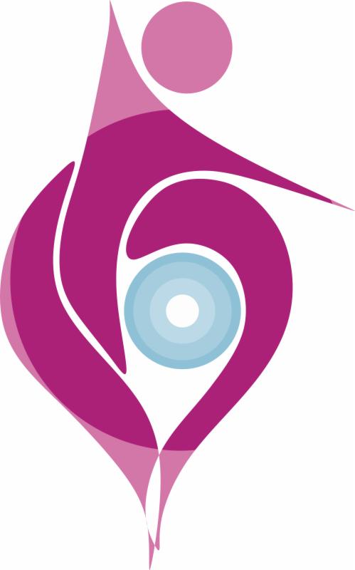 Abstrakcyjne logo przedstawiające stylizowaną sylwetkę człowieka w odcieniach różu i fioletu, z okrągłym elementem w kolorze błękitnym w centrum, na białym tle.