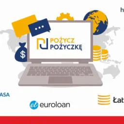 Grafika prezentująca laptopa z napisem 'Pożycz Pożyczkę' na ekranie, otoczonego logotypami r&oacute;żnych firm finansowych i symbolami pieniędzy na tle mapy świata.