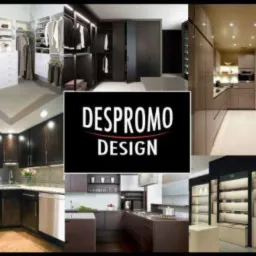 Kolaż zdjęć prezentujący różne realizacje zabudowy meblowej, w tym garderoby z oświetleniem, kuchnie z ciemnego drewna i nowoczesne szafy, na środku logo firmy Despromo Design.