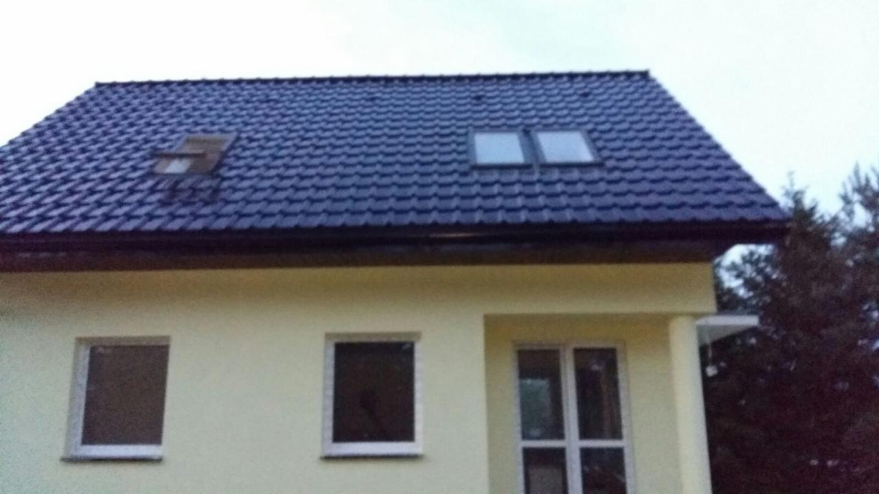 Nowy, ciemny dach z dwoma oknami połaciowymi na jasnym, murowanym domu jednorodzinnym, widok z dołu.