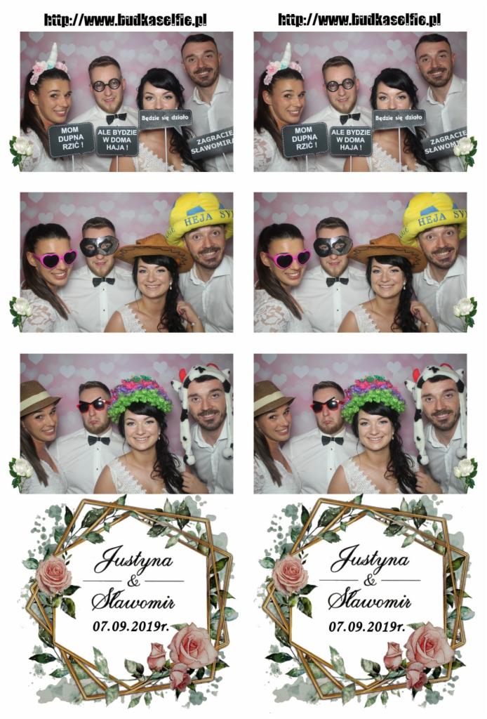 Kolaż zdjęć z fotobudki z wesela Justyny i Sławomira, 07.09.2019, osoby w przebraniach i z rekwizytami, różowe tło w serduszka.