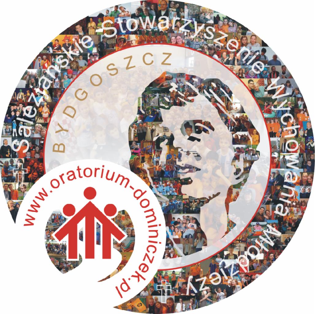 Okolicznościowy kolaż zdjęć w okręgu z wizerunkiem twarzy, logo i napisem 'Bydgoskie Salezjańskie Stowarzyszenie Wychowania Młodzieży www.oratorium-dominiczek.pl', zdjęcia przedstawiające różne...