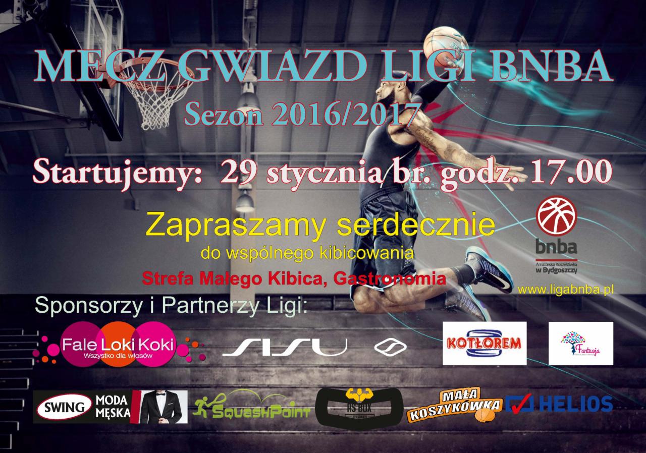 Plakat reklamowy meczu gwiazd ligi BNBA sezon 2016/2017, z datą 29 stycznia, zapraszający do kibicowania, z logo ligi i sponsorów, w tle sylwetka koszykarza w akcji.