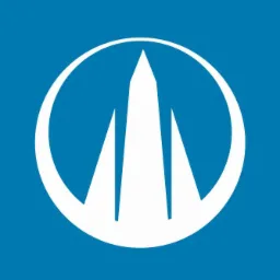 Logo firmy z abstrakcyjnym motywem trzech białych wznoszących się form w okręgu na błękitnym tle, przypominających iskrzące pioruny lub schemat instalacji odgromowej.