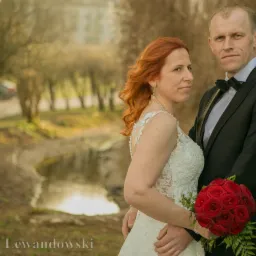 Para młoda w plenerze: panna młoda w koronkowej sukni trzyma bukiet czerwonych róż, pan młody w czarnym smokingu, w tle drzewa i staw.