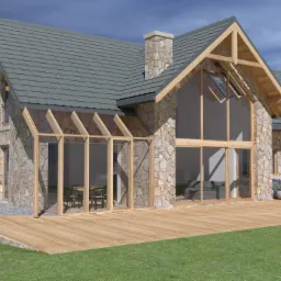 Wizualizacja domu jednorodzinnego z kamienną elewacją, drewnianą konstrukcją dachu, przeszkloną werandą i tarasem z desek, prezentująca projekt architektoniczny.