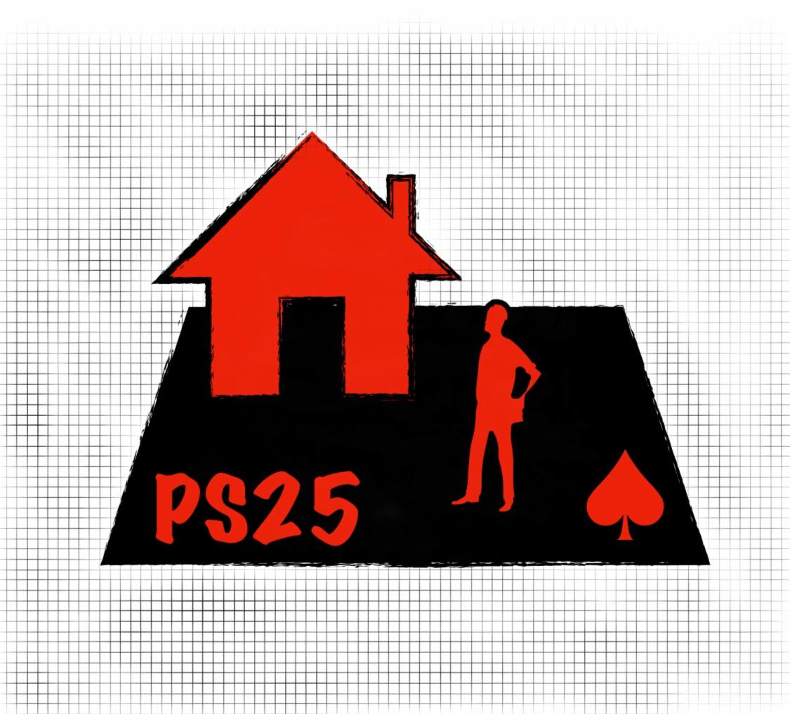 Grafika przedstawiająca czerwony dom z kominem, czarne podłoże z napisem PS25, czerwoną sylwetkę człowieka i pik na tle siatki.