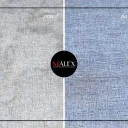 Porównanie tkaniny tapicerki przed i po czyszczeniu, z widocznym logo firmy Malex.
