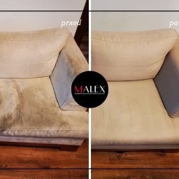 MALEX Michał Kowalski - Beżowa kanapa przed i po czyszczeniu, widoczne wyraźne różnice w czystości tapicerki, z logo firmy MALEX na środku.