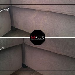 MALEX Michał Kowalski - Zdjęcie narożnika sofy z widoczną różnicą przed i po czyszczeniu, z logo firmy Malex w centrum kadru.