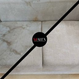 MALEX Michał Kowalski - Beżowa kanapa z widocznymi plamami przed i po czyszczeniu, oddzielona ukośną linią, z logo firmy MALEX w czarnym okręgu.