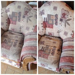 MALEX Michał Kowalski - Fotel z wzorzystą tapicerką, widok przed i po czyszczeniu. Po prawej stronie fotel jest wyraźnie czystszy, z intensywniejszymi kolorami wzorów.