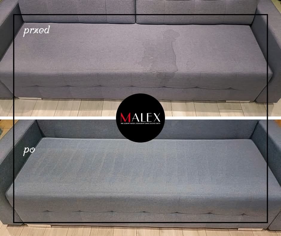 Szara kanapa modułowa: górne ujęcie pokazuje widoczne plamy na siedzisku przed czyszczeniem, dolne ujęcie prezentuje ten sam mebel po wyczyszczeniu, z tekstem 'po' po lewej stronie.