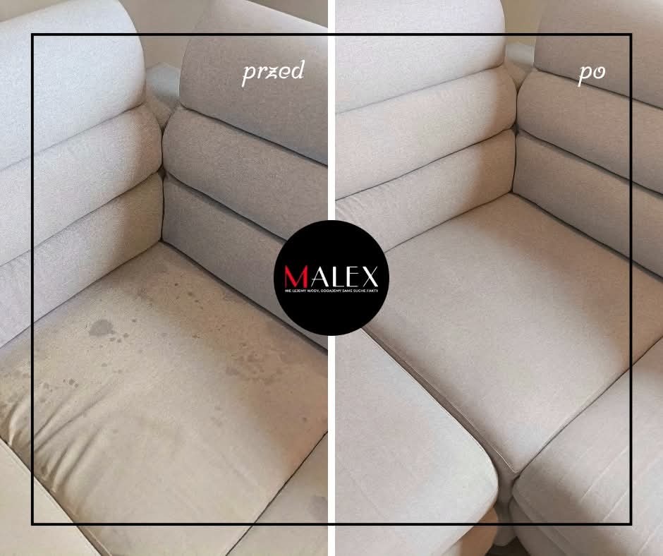 Porównanie 'przed' i 'po' prania narożnika z jasną tapicerką, widoczne plamy usunięte, logo firmy MALEX w centrum.