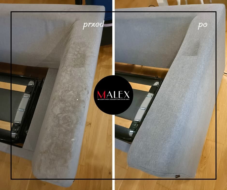 Dwa ujęcia zagłówka łóżka tapicerowanego: po lewej stronie widoczny zagłówek przed czyszczeniem z widocznymi plamami i zabrudzeniami, po prawej ten sam zagłówek po czyszczeniu, czysty i odświeżony.