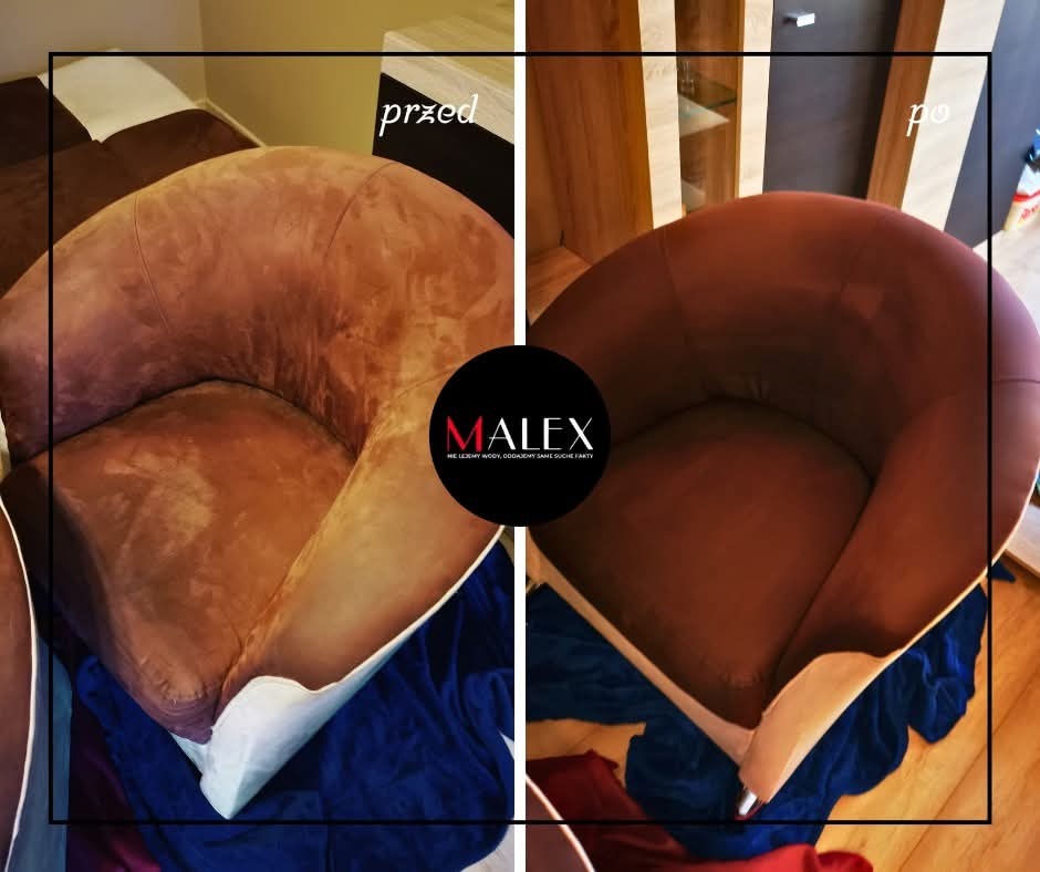 Porównanie fotela przed i po czyszczeniu: po lewej stronie widoczny fotel z plamami, po prawej – ten sam fotel po usunięciu zabrudzeń, na podłodze widoczne zabezpieczające folie.