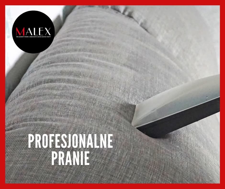 Dysza odkurzacza piorącego na szarej, teksturowanej kanapie, widoczne logo firmy MALEX i napis 'PROFESJONALNE PRANIE'.