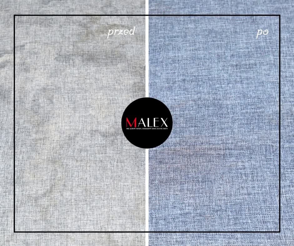 Porównanie tkaniny tapicerki przed i po czyszczeniu, z widocznym logo firmy Malex.