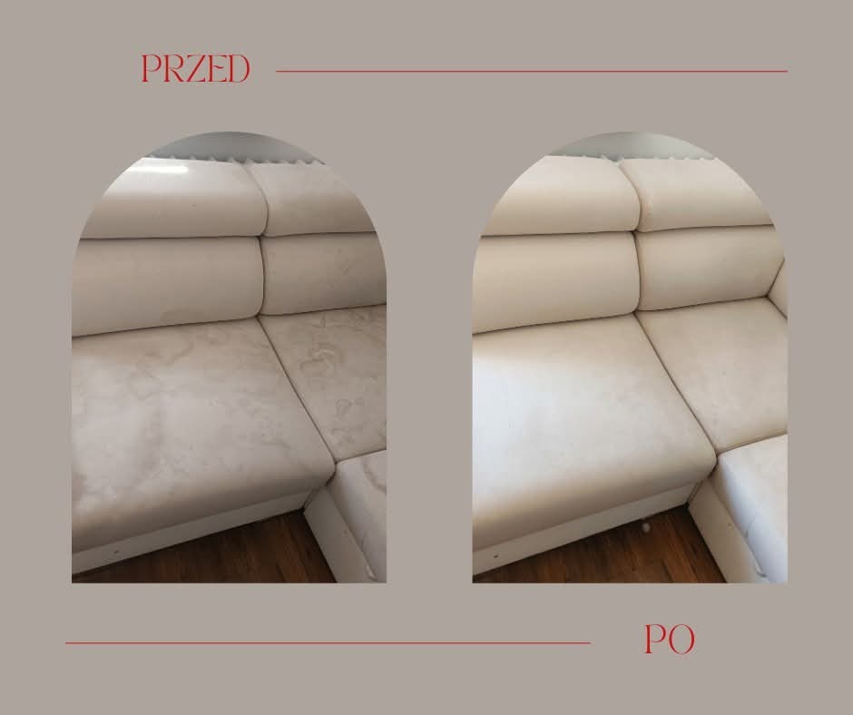 Kadr przedstawiający narożnik z jasną tapicerką, po lewej stronie widoczne silne zabrudzenia, po prawej narożnik po czyszczeniu, ujęcie typu 'przed i po' z tekstem 'PRZED' i 'PO'.