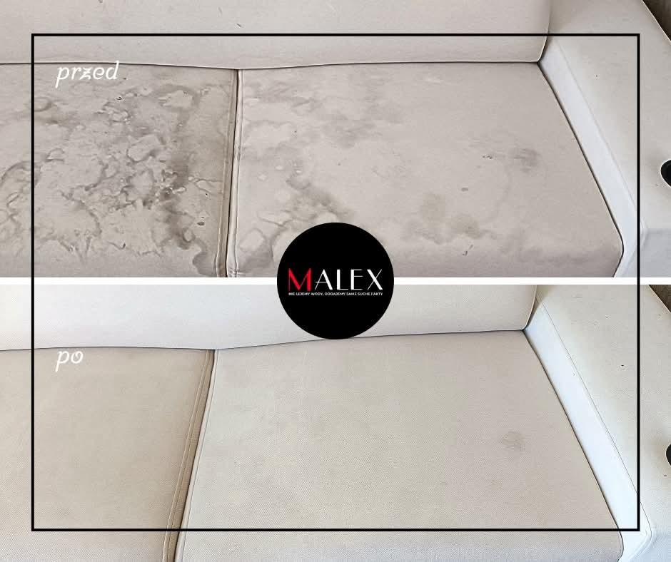 Kremowa kanapa narożna z widoczną różnicą w czystości tapicerki: górna część zdjęcia pokazuje zabrudzenia przed czyszczeniem, dolna część prezentuje efekt po czyszczeniu. W tle widoczne logo firmy.