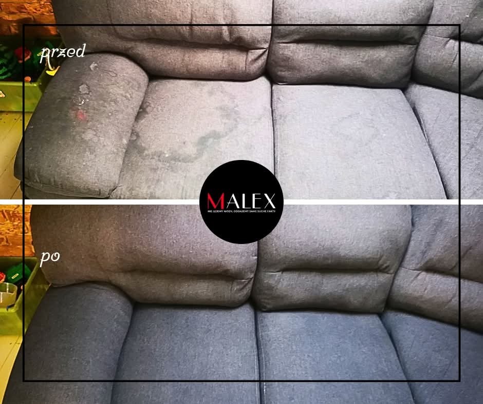 Zdjęcie przedstawia kanapę przed i po praniu, z widocznymi plamami na górnej części i czystą tapicerką na dolnej części, z logo firmy na środku.