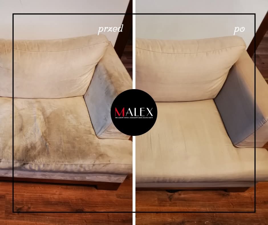 Beżowa kanapa przed i po czyszczeniu, widoczne wyraźne różnice w czystości tapicerki, z logo firmy MALEX na środku.