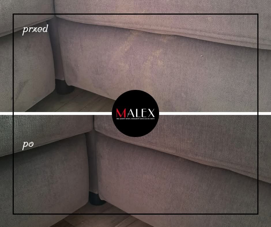 Zdjęcie narożnika sofy z widoczną różnicą przed i po czyszczeniu, z logo firmy Malex w centrum kadru.