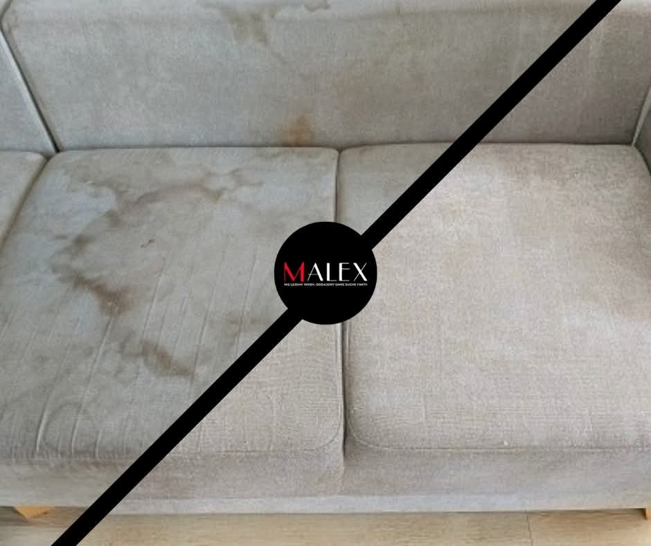 Beżowa kanapa z widocznymi plamami przed i po czyszczeniu, oddzielona ukośną linią, z logo firmy MALEX w czarnym okręgu.