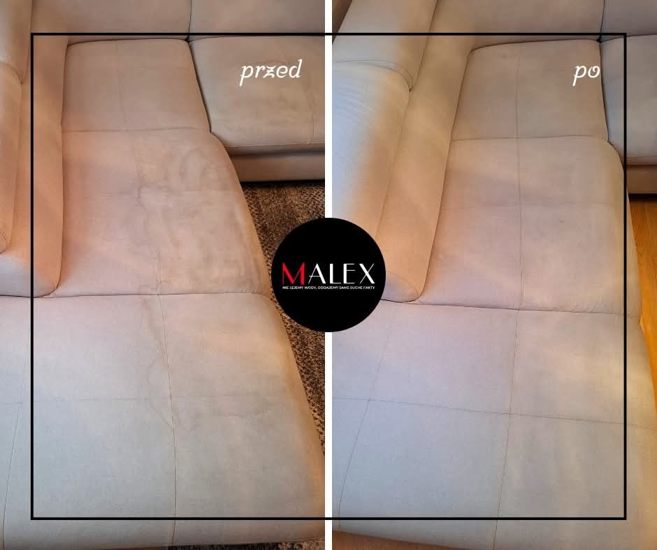 Beżowa sofa modułowa: widok przed i po czyszczeniu, z logo firmy Malex na środku kadru.