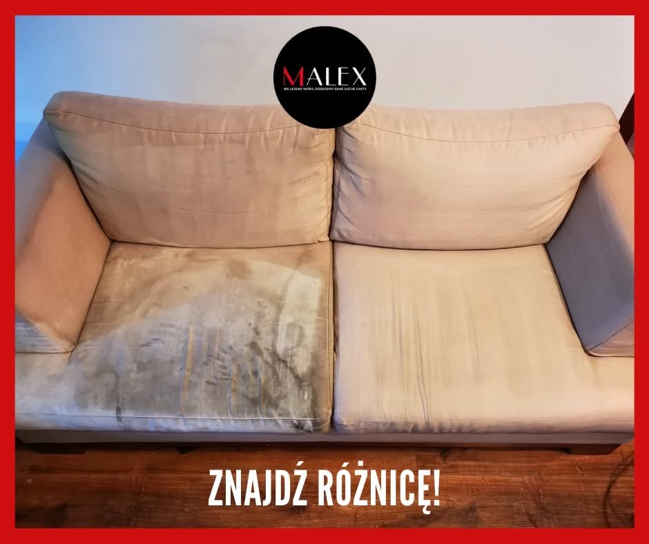 Beżowa kanapa: po lewej stronie silnie zabrudzona, po prawej świeżo wyczyszczona, z widocznym logo firmy sprzątającej w tle i napisem 'Znajdź różnicę!' na dole.