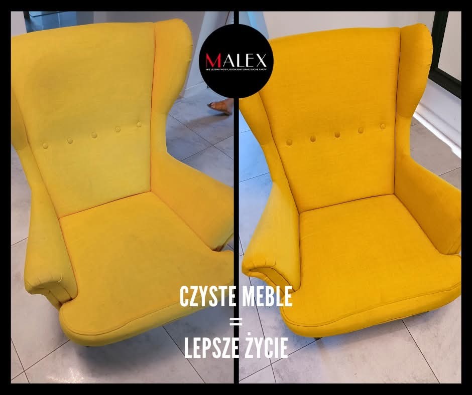 Żółty fotel typu uszak: po lewej stronie widoczny przed czyszczeniem, po prawej - po profesjonalnym czyszczeniu. Na górze widoczne logo firmy.