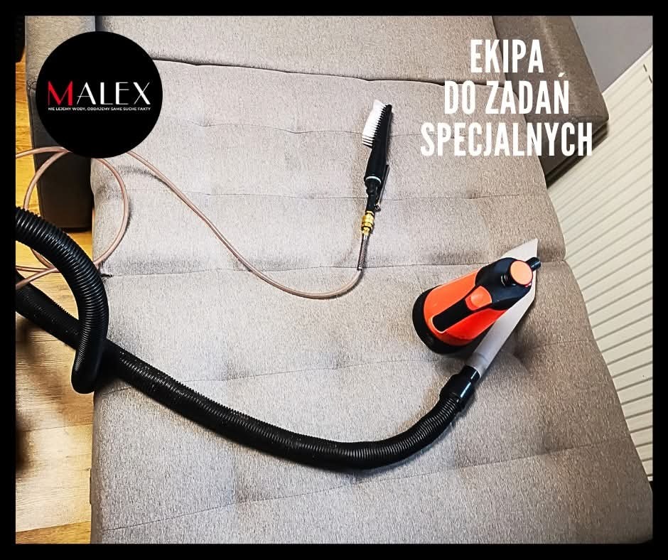 Dysza odkurzacza piorącego z szczotką i wężem leżąca na jasnoszarej sofie. W tle widoczne logo firmy i napis 'Ekipa do zadań specjalnych'.