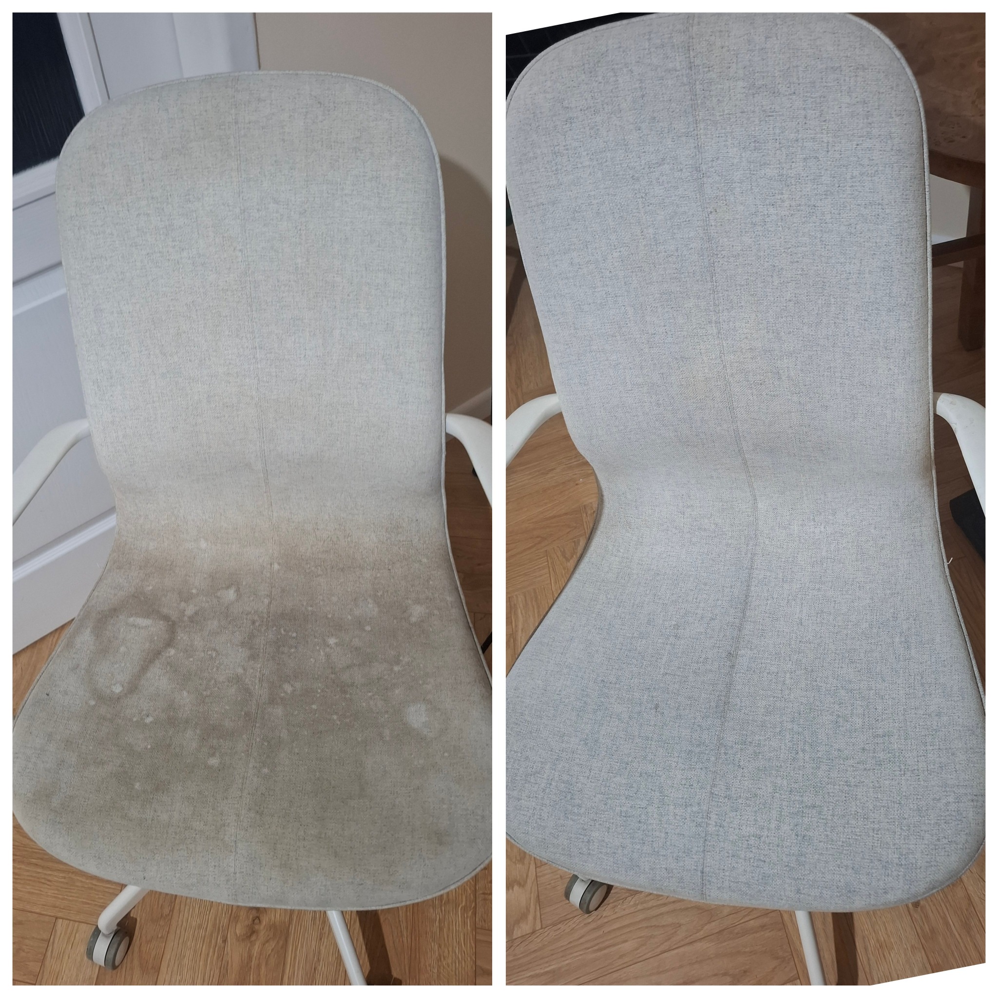 Krzesło biurowe tapicerowane: po lewej stronie widoczne silne zabrudzenia, po prawej efekt po praniu tapicerki. Porównanie 'przed i po' na drewnianej podłodze.