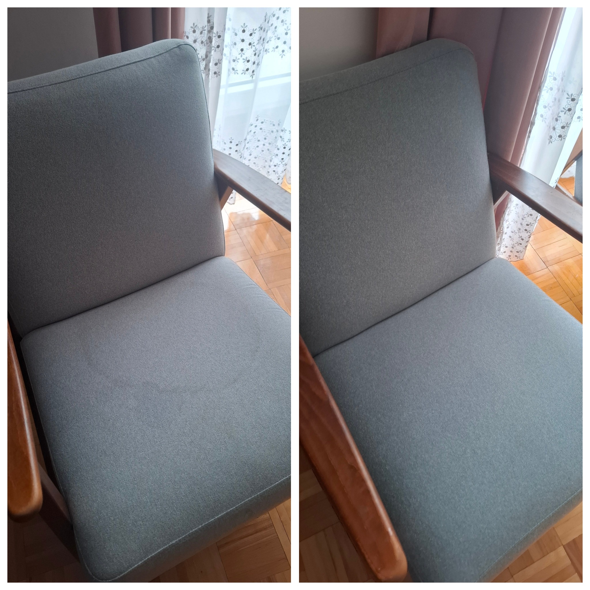 Krzesło tapicerowane: po lewej z plamą, po prawej wyczyszczone. Drewniane podłokietniki, jasne tło z zasłonami. Efekt prania tapicerki.