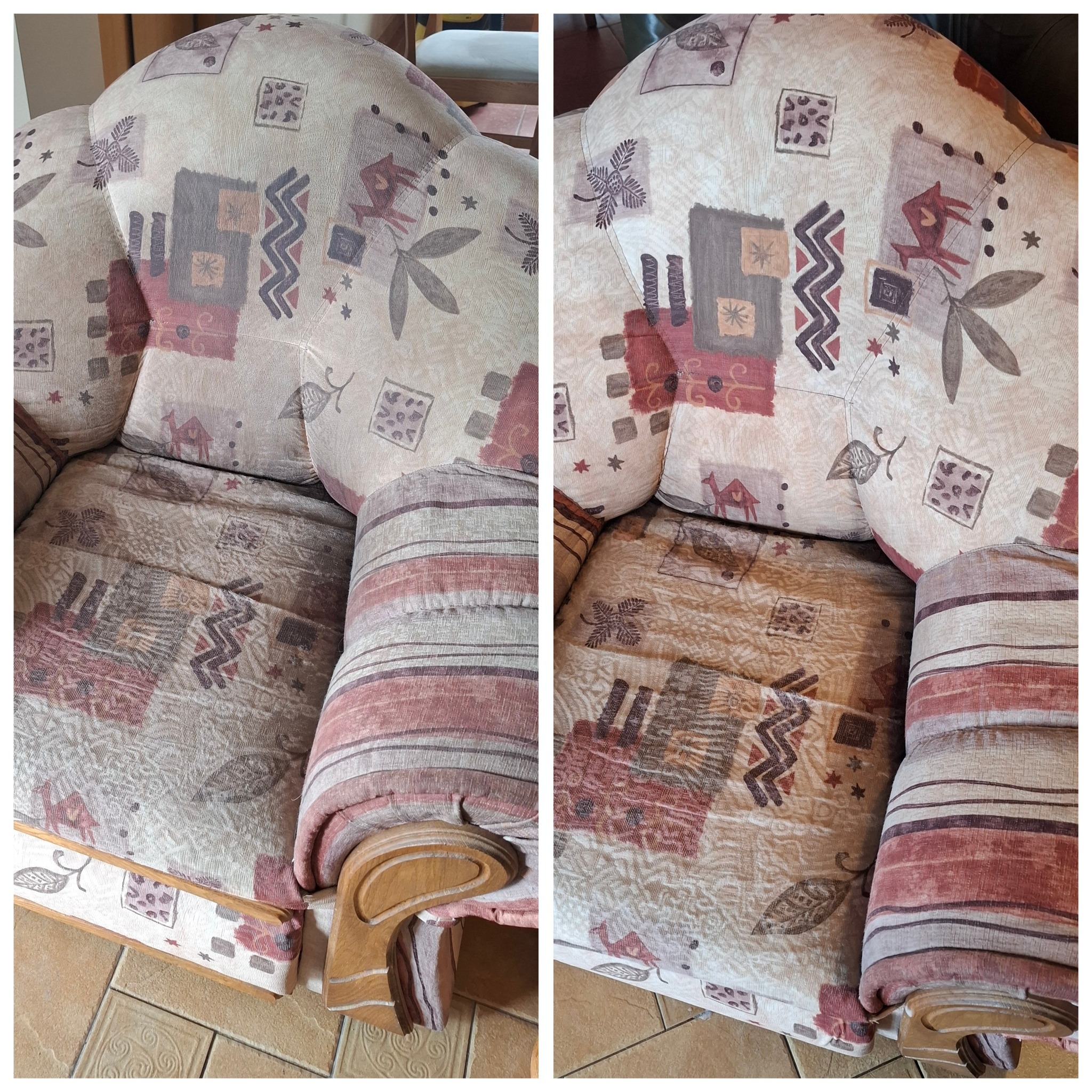 Fotel z wzorzystą tapicerką, widok przed i po czyszczeniu. Po prawej stronie fotel jest wyraźnie czystszy, z intensywniejszymi kolorami wzorów.