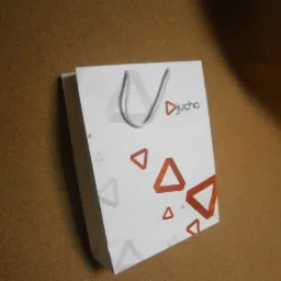 Biała torba papierowa z nadrukowanym logo firmy Djucha i czerwonymi trójkątami, ustawiona ukośnie na brązowym tle.