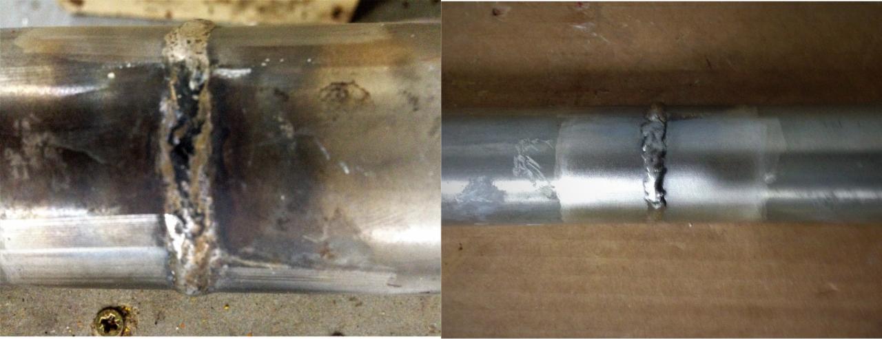 Dwa fragmenty rur po spawaniu, z widocznymi śladami spawu o różnej jakości wykonania, na jednej rurze widoczna korozja i ślady po poprzednich naprawach.
