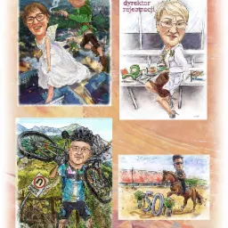 Kolaż czterech humorystycznych karykatur: para w strojach fantasy na tle miasta, dyrektor rejestracji przy biurku, rowerzysta z rowerem na tle gór oraz jeździec na koniu z numerem 50.