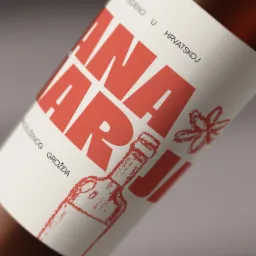 Etykieta butelki wina z dużym czerwonym napisem 'ANA MARIJA' i rysunkami wykonanymi w stylu kredki, umieszczona pod kątem na szarym tle.