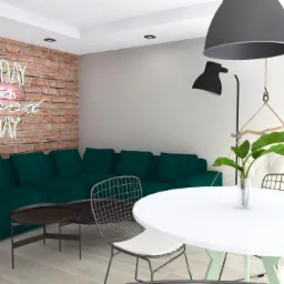 Wizualizacja salonu z ceglaną ścianą, neonem 'Today is a good day', szmaragdową sofą narożną i białym stołem z metalowymi krzesłami, oświetlonym przez dużą lampę wiszącą.