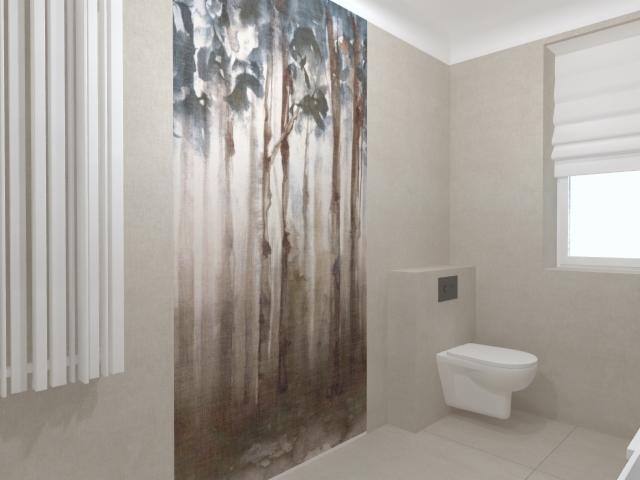 Wizualizacja łazienki z akcentem na ścianę z malowidłem przedstawiającym las, obok grzejnik żeberkowy i podwieszana toaleta.