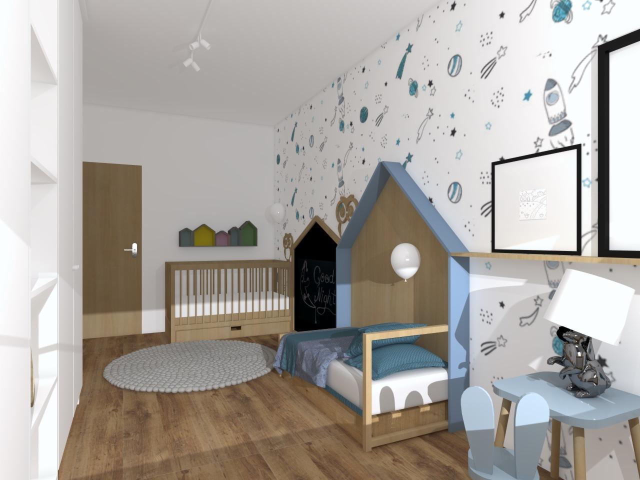 Wizualizacja pokoju dziecięcego z łóżkiem w kształcie domku, łóżeczkiem niemowlęcym, okrągłym dywanem i tapetą w kosmiczne motywy.