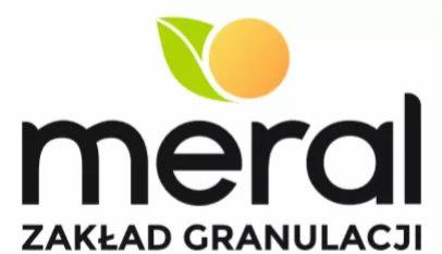 Logo firmy Meral Zakład Granulacji z zielonym listkiem i pomarańczowym kółkiem nad nazwą.