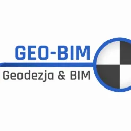 Logo firmy GEO-BIM z napisem Geodezja & BIM, niebieskim akcentem graficznym i okręgiem podzielonym na cztery pola w kolorach białym i czarnym.